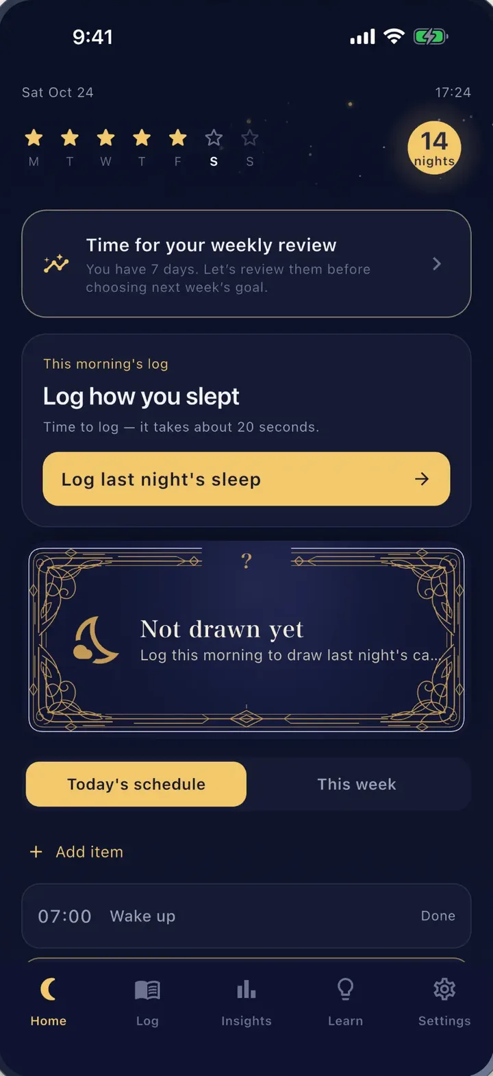 Nyxtune home screen with a button to log last night's sleep and today's schedule
