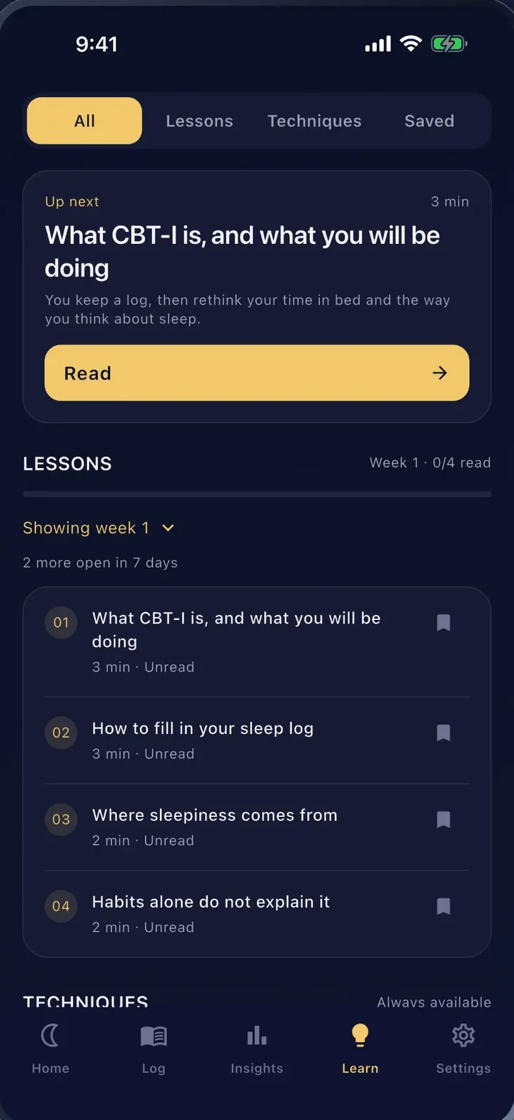 Learn screen with a list of lessons about CBT-I