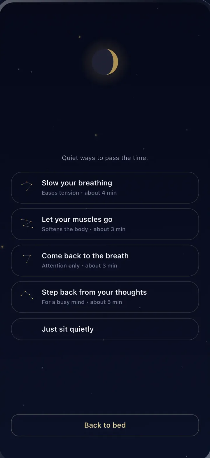 Night screen listing quiet ways to pass the time, such as slowing your breathing